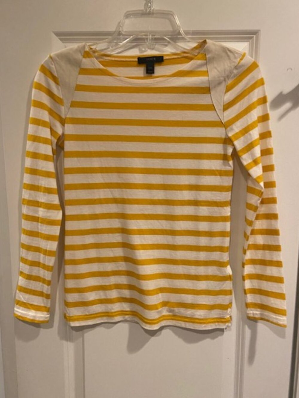 J. Crew Yellow and White Striped Top with Suede Shoulder Panels in XXS
